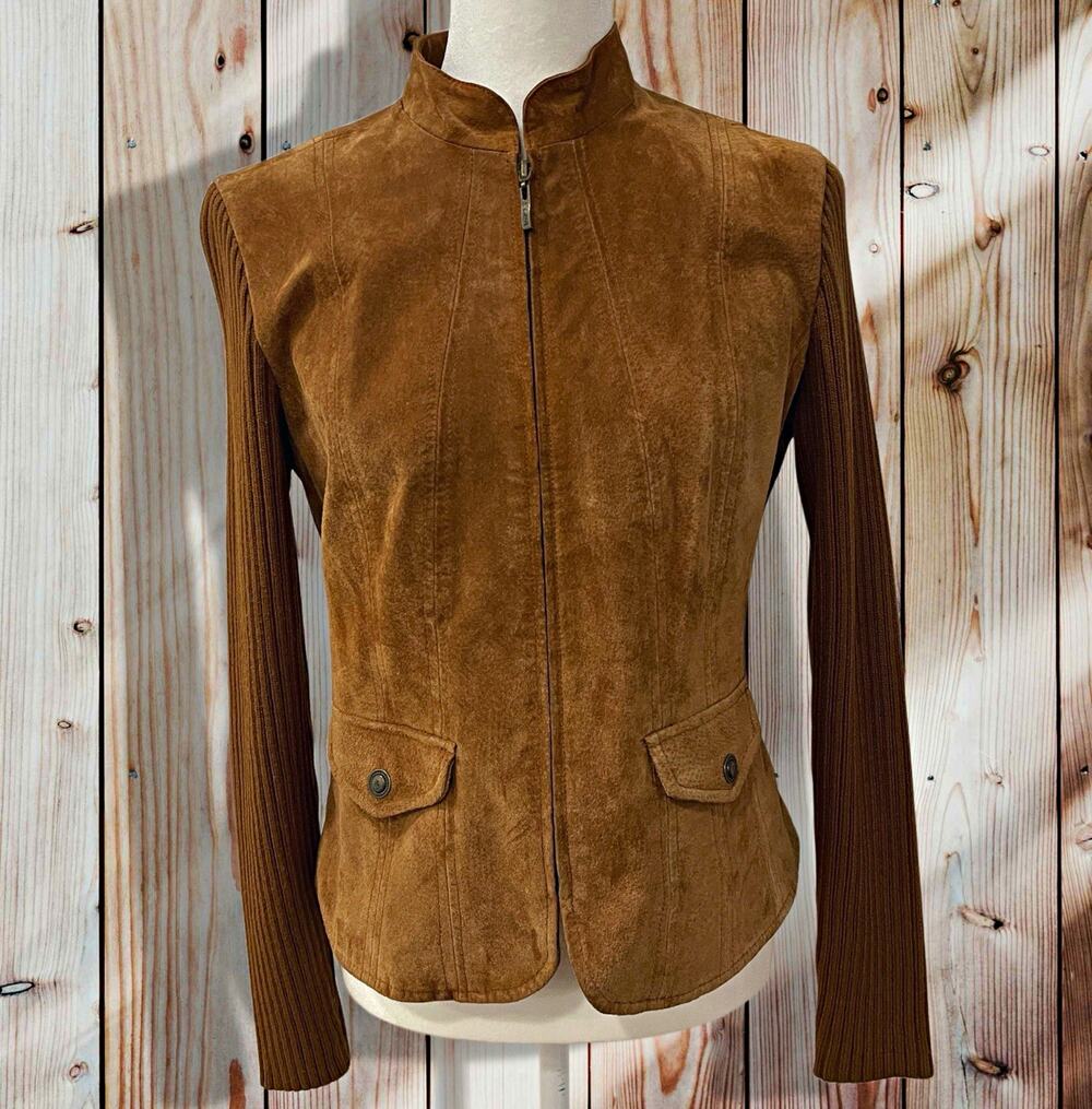 EUC Vintage Live A Little Y2K Suede Knit Sleeve Moto Jacket Brown S